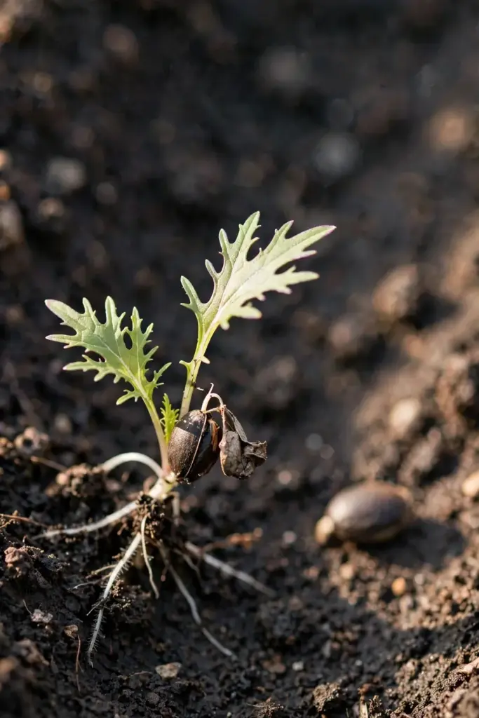 Mizuna seed splitting with feathery first leaves on dark soil