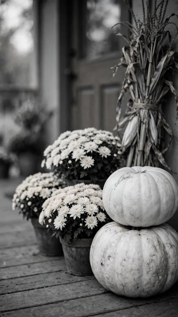 A monochrome porch display of white pumpkins and cream mums
