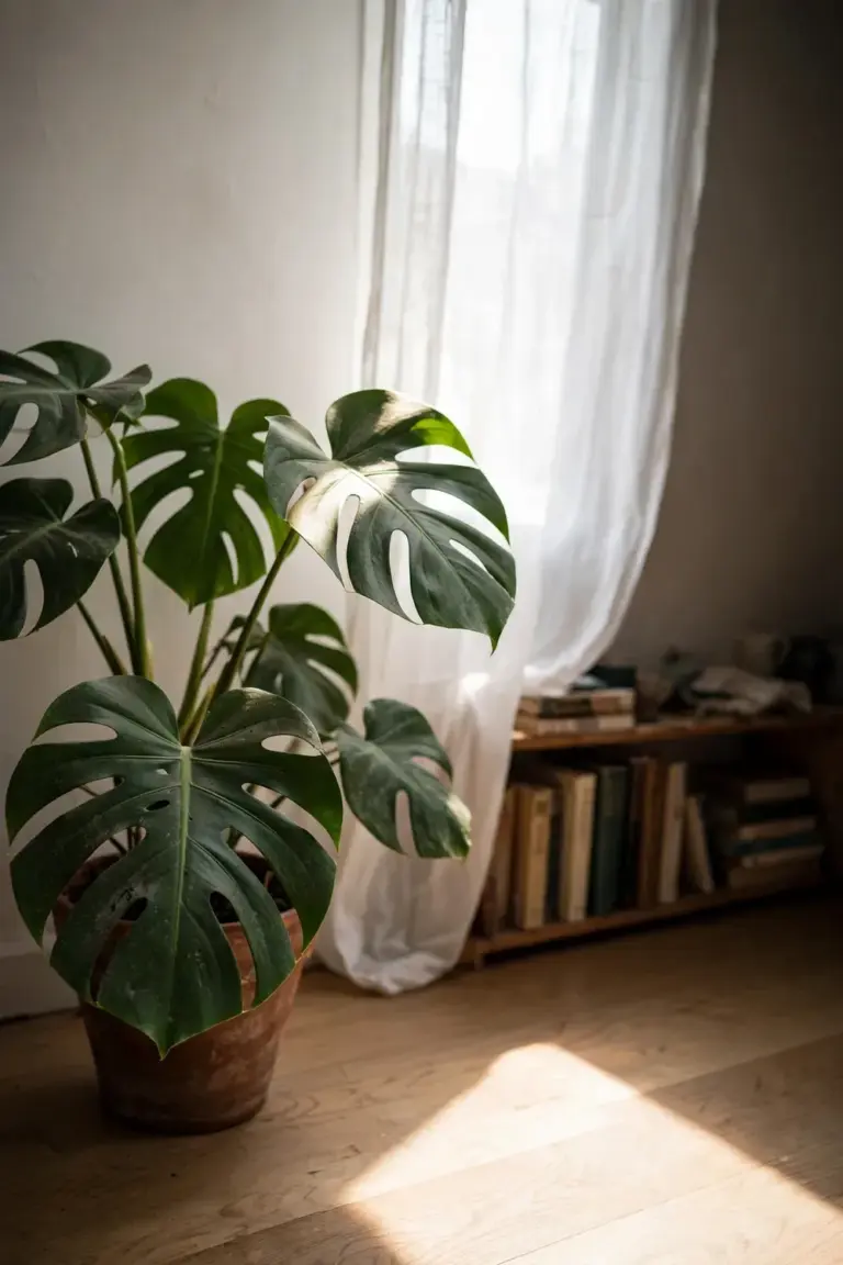 Potted monstera placed back from a bright curtained window