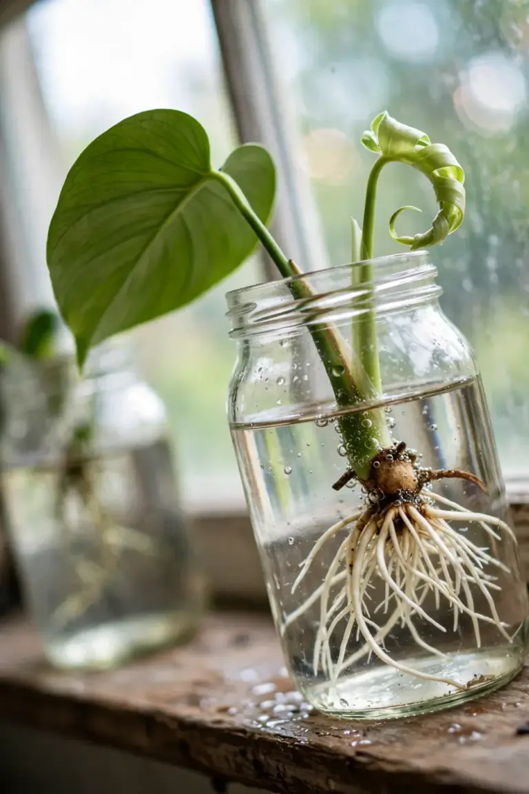 Monstera cutting with new white roots in a glass jar of water
