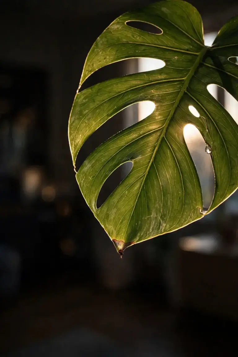 Backlit monstera leaf showing splits, oval holes and etched veins