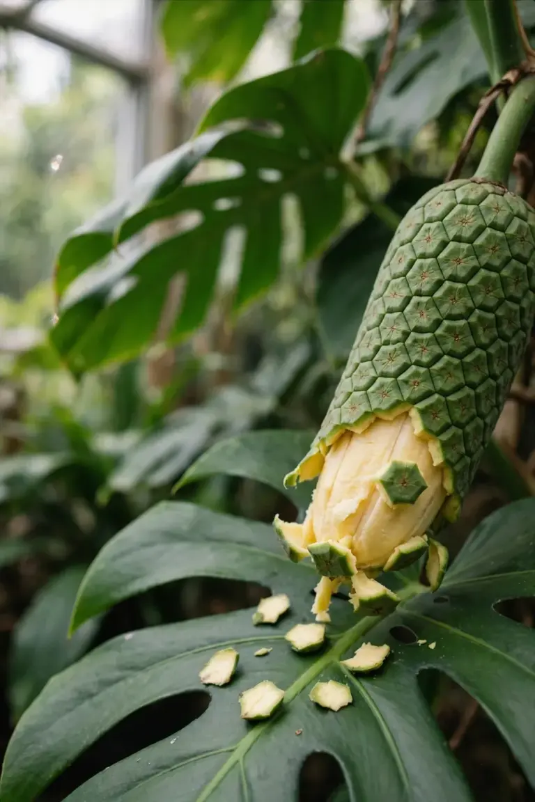 Monstera fruit with loosened green scales revealing creamy flesh