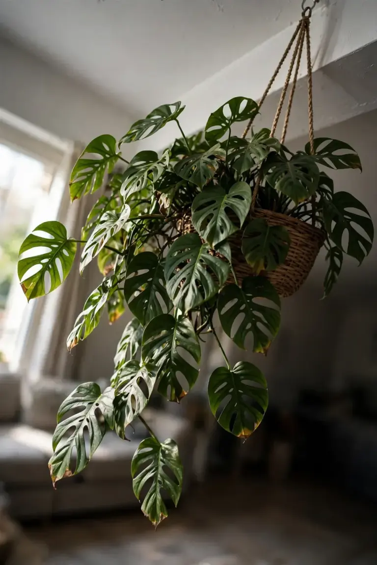 Monstera in a hanging basket high above a living room floor