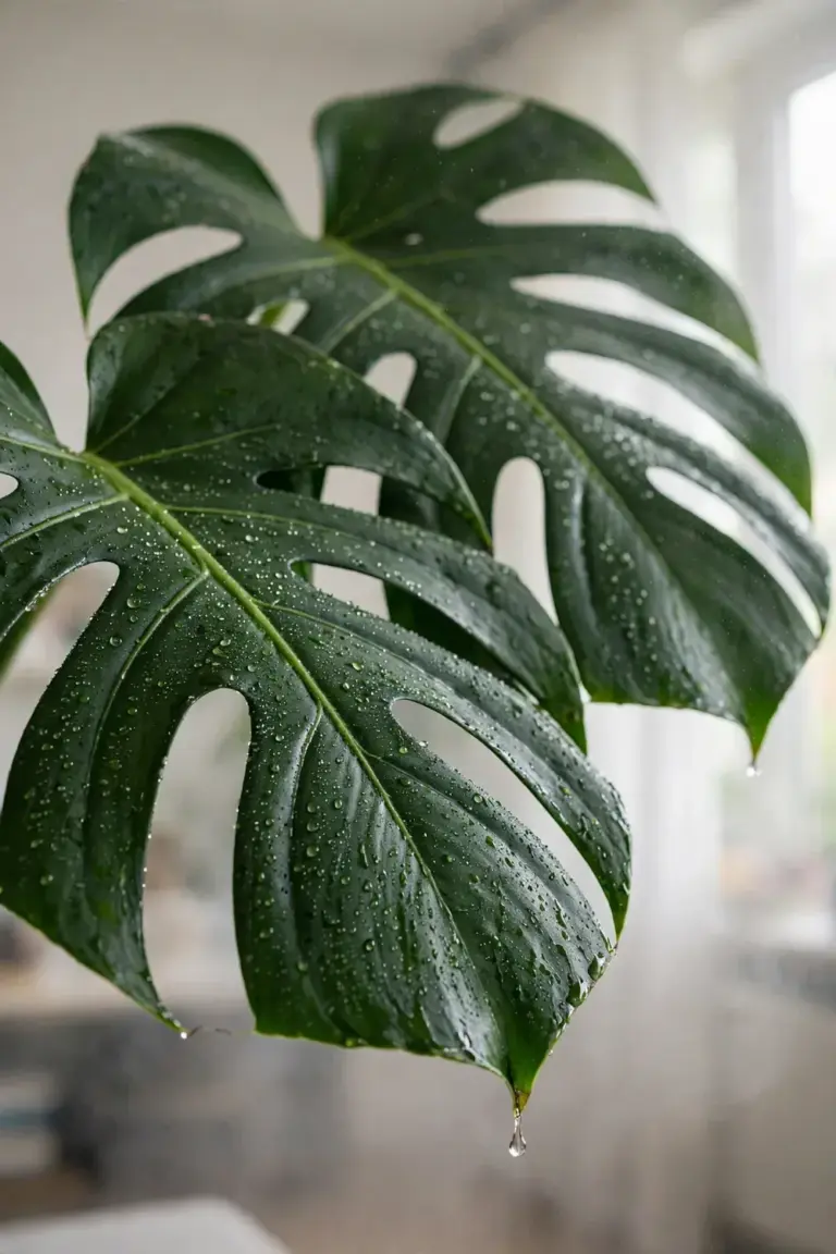 Monstera leaves beaded with condensation in humid air