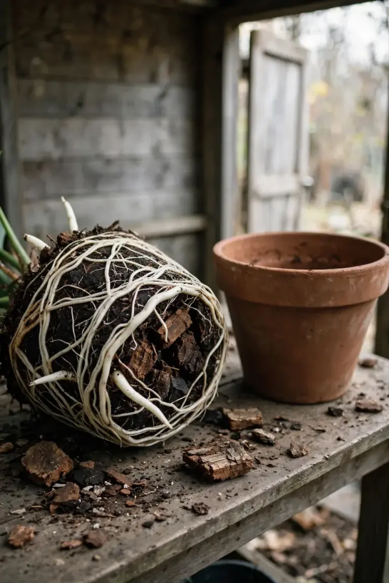 Monstera root ball with circling roots beside a larger empty pot