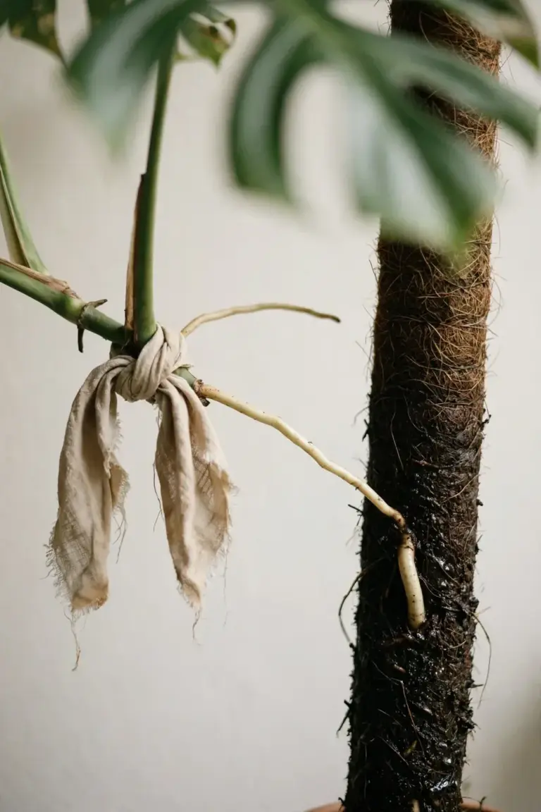 Monstera stem tied to a coir moss pole with an aerial root gripping it