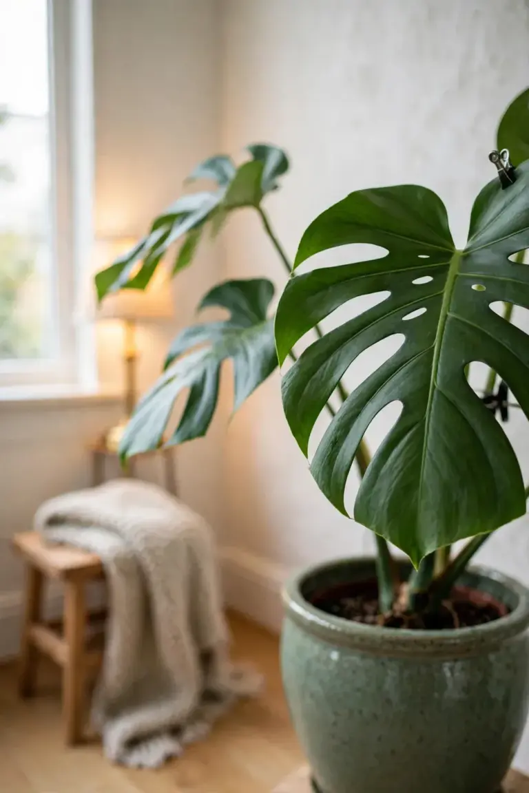 Monstera in a ceramic pot in a bright living room corner