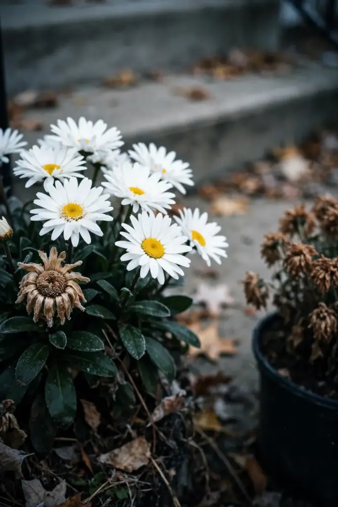 White Montauk daisy flowers blooming in November after mums have faded