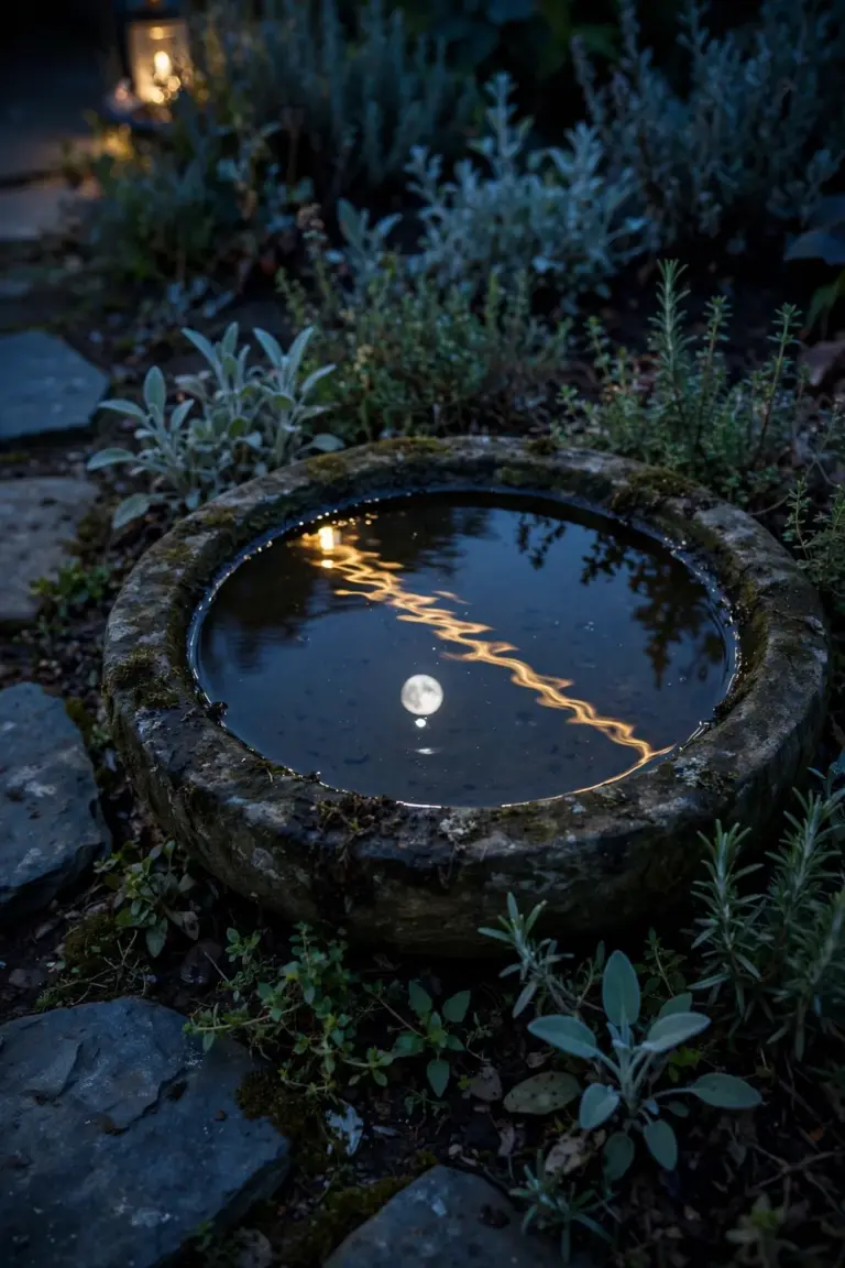 Shallow stone bowl of still water reflecting the moon in a herb bed at nightfall