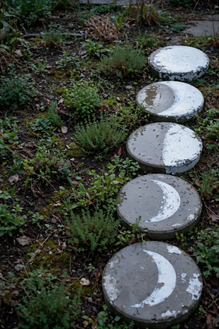 Round stepping stones painted with full, half and crescent moon phases crossing a herb bed