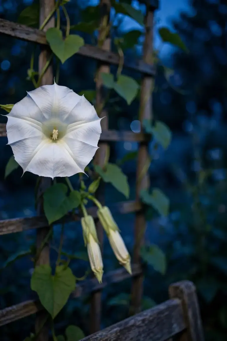 A large white moonflower bloom fully open on a climbing vine at dusk beside a garden bench