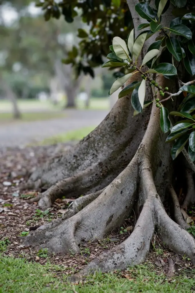 Moreton Bay Fig with wide buttress roots and broad glossy leaves