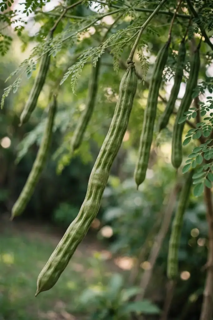 Long green drumstick pods hanging from moringa branches