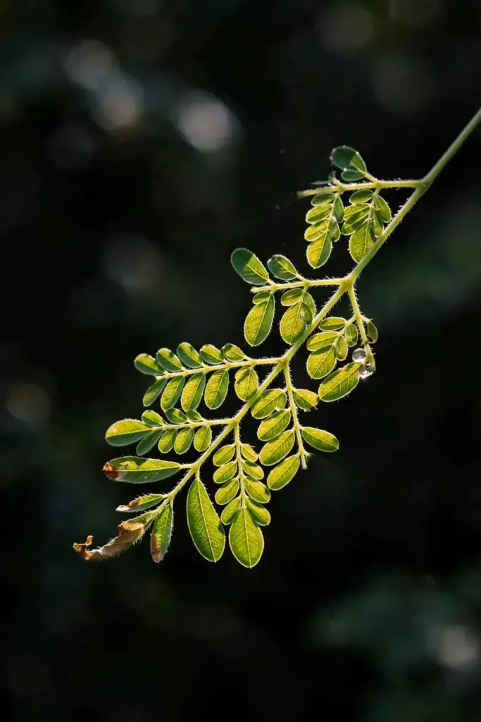 Single moringa leaf backlit showing vein detail and tiny leaflets