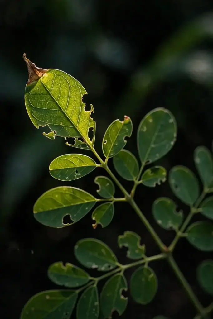 Close-up of moringa leaflets showing minor insect chewing damage