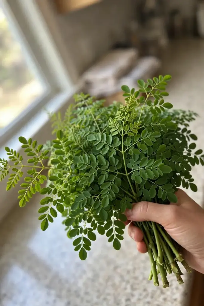 Hand holding a freshly cut bundle of green moringa leafy branches