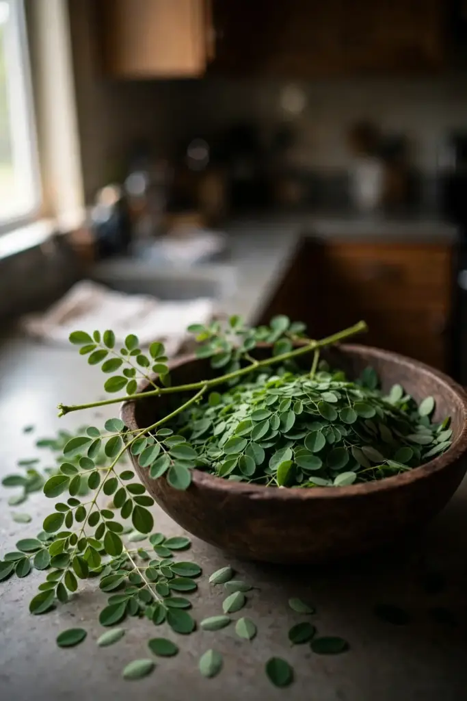 Wooden bowl of fresh green moringa leaves on a kitchen counter