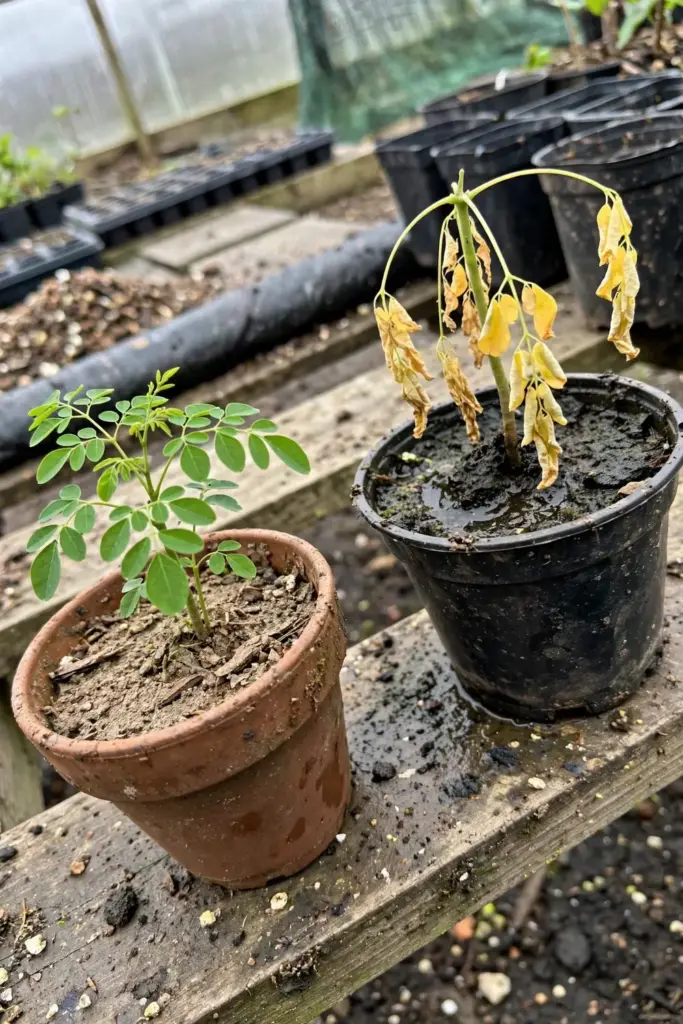 A comparison of a healthy moringa seedling beside an overwatered yellowing one