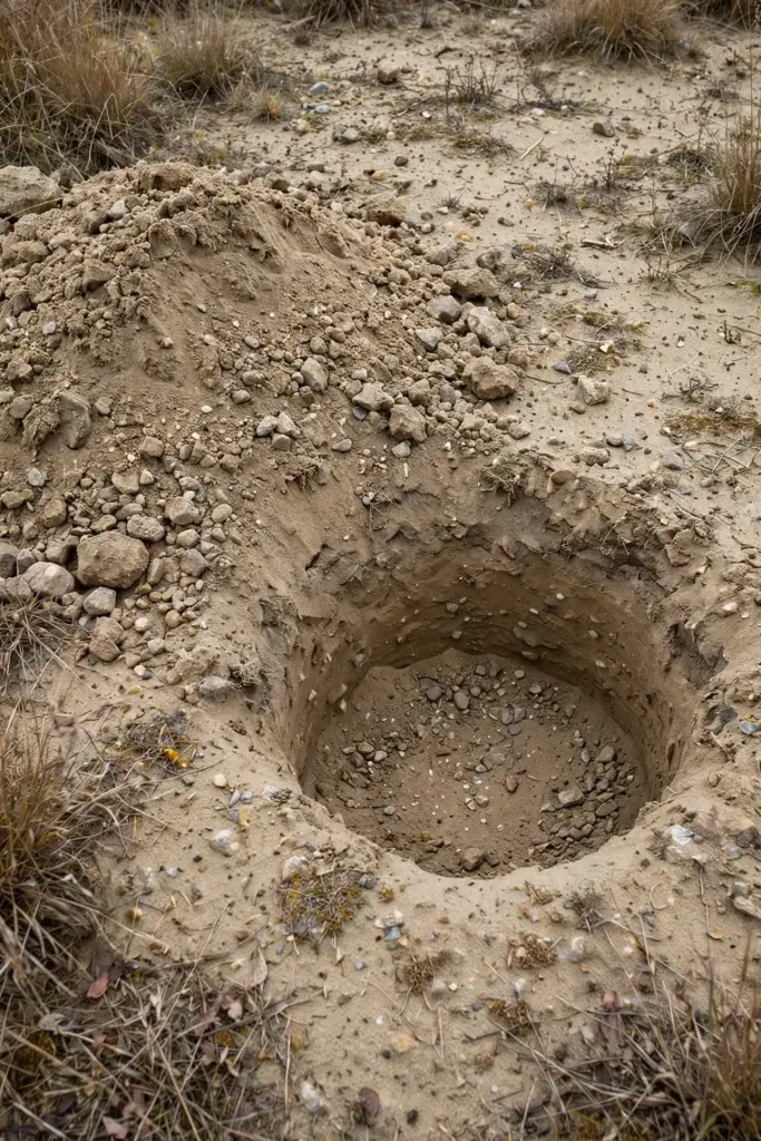 Wide planting hole dug in sandy soil ready for a moringa seedling