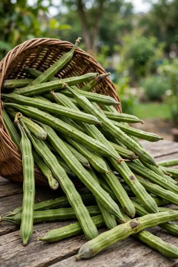 Woven basket overflowing with freshly harvested green drumstick pods