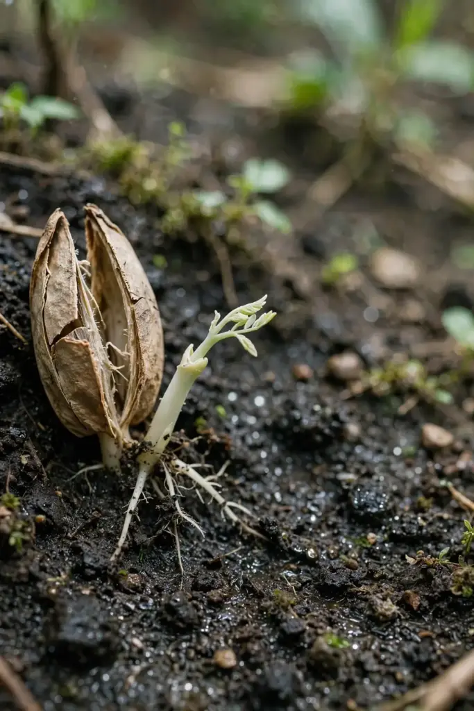 Moringa seed splitting open with a pale sprout pushing through dark soil