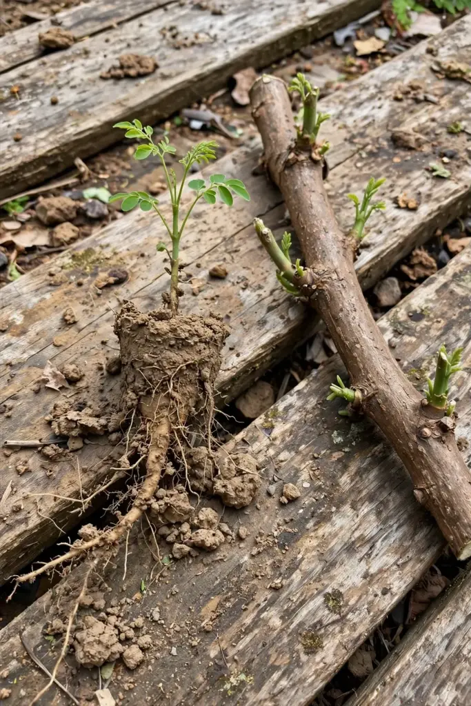 Side-by-side comparison of a young moringa seedling and a woody moringa cutting