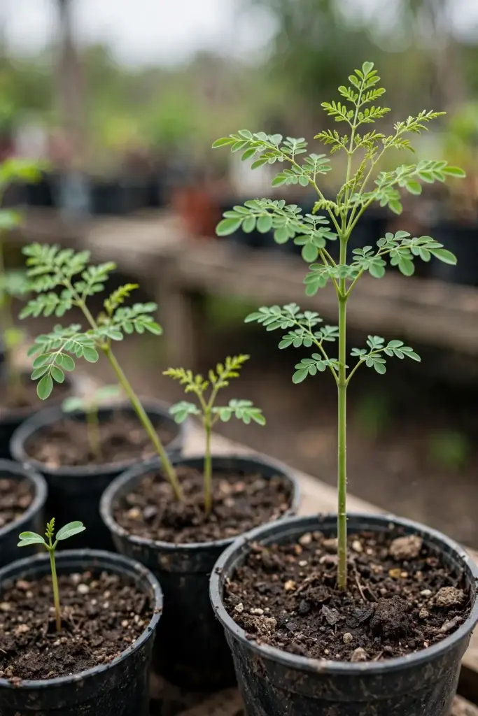 Young moringa seedlings at successive growth stages in nursery pots