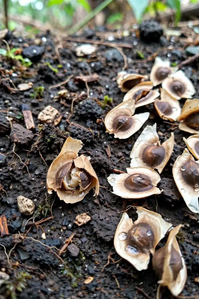 Winged moringa seeds scattered on dark soil, one cracked open showing the kernel