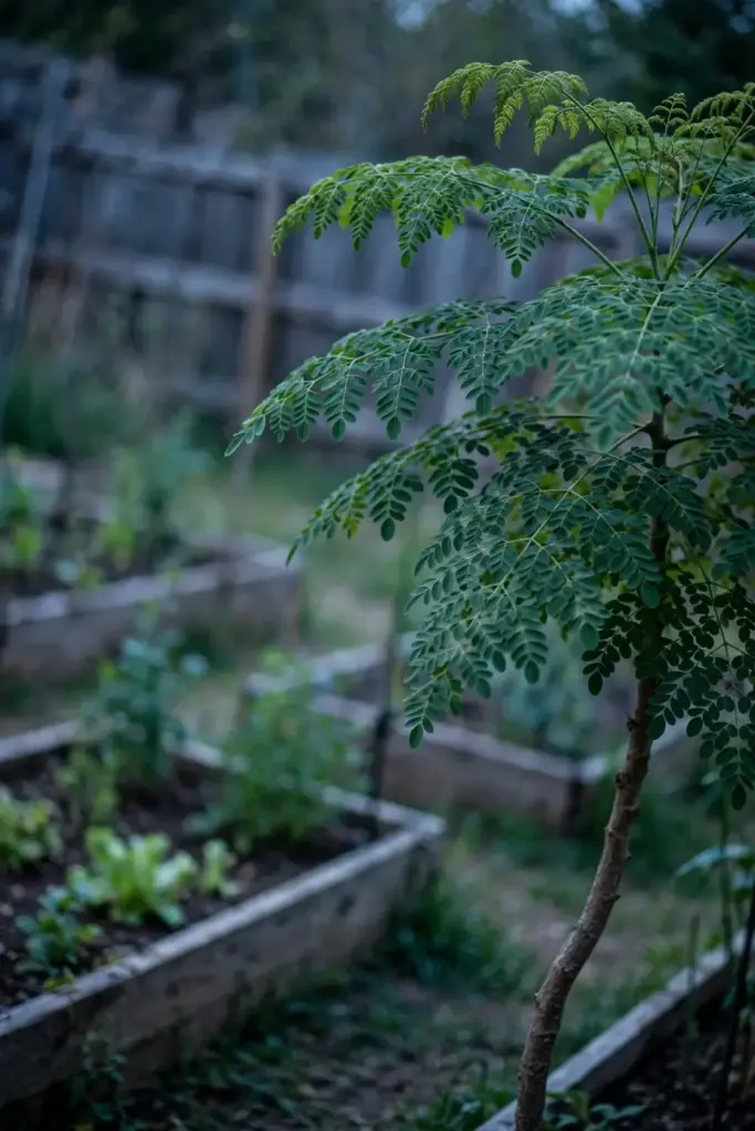 Moringa tree in a home garden at fading late afternoon light
