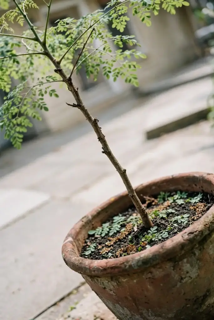 Moringa tree growing in a large terracotta container on a sunny patio