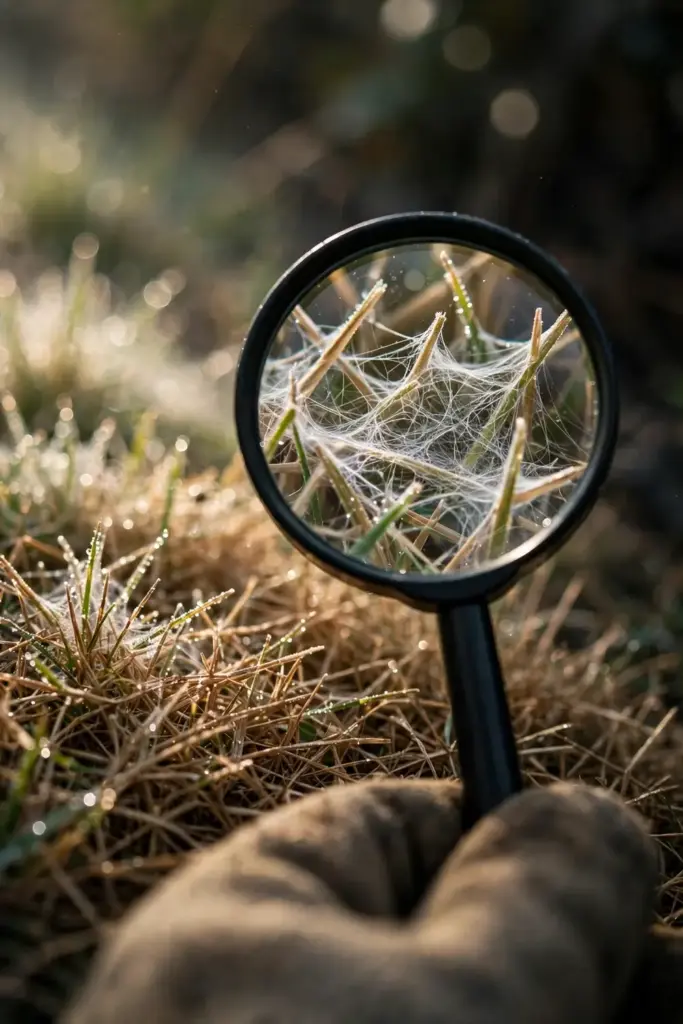 Magnifying glass enlarging cobweb-like dollar spot mycelium on dew-beaded grass.