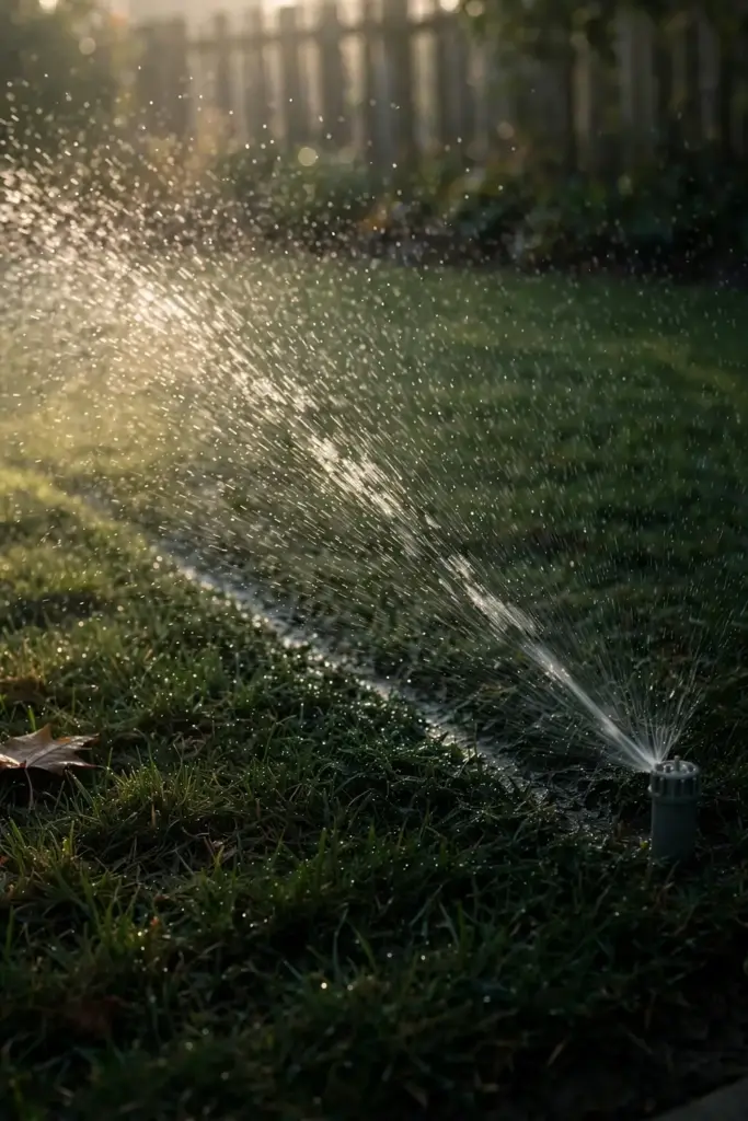 Sprinkler spraying a fine arc of water across a lawn in early morning light.