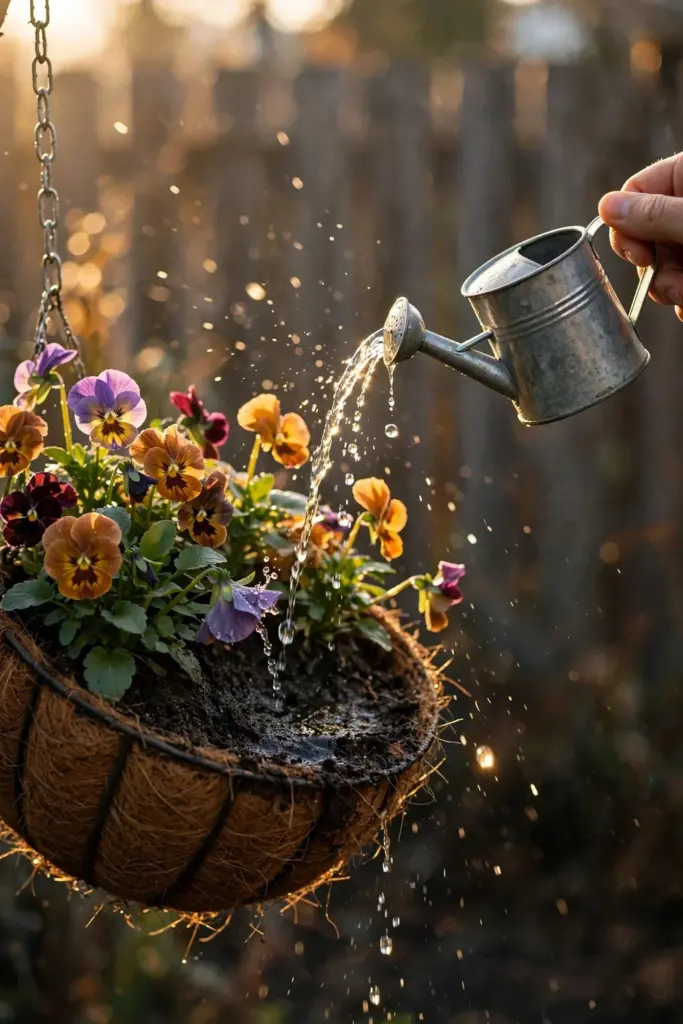 Hand watering a fall hanging basket in morning light