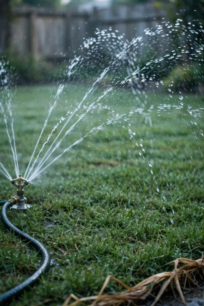 Sprinkler throwing arcs of water over a green lawn in early morning light