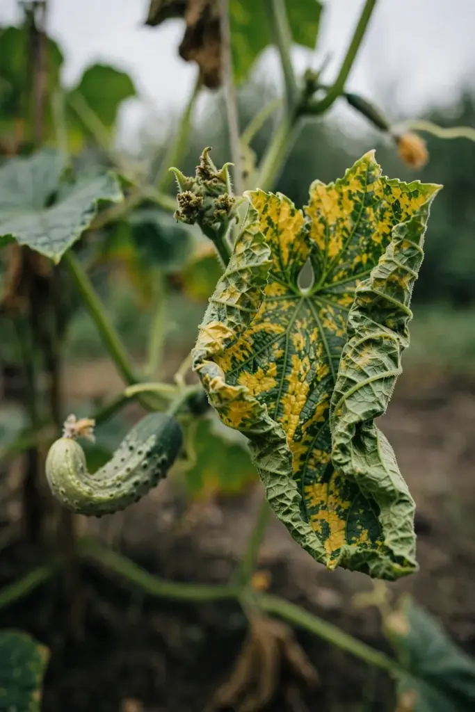 Cucumber leaf with yellow-green mosaic mottling and twisted growth