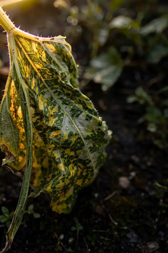 Zucchini leaf with yellow mosaic patches, puckering, and vein clearing.