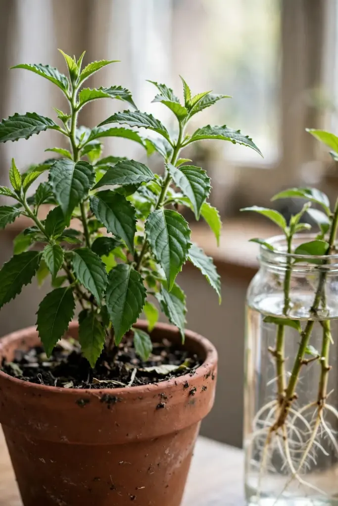 Mother Java tea plant beside a jar of cuttings rooting in water