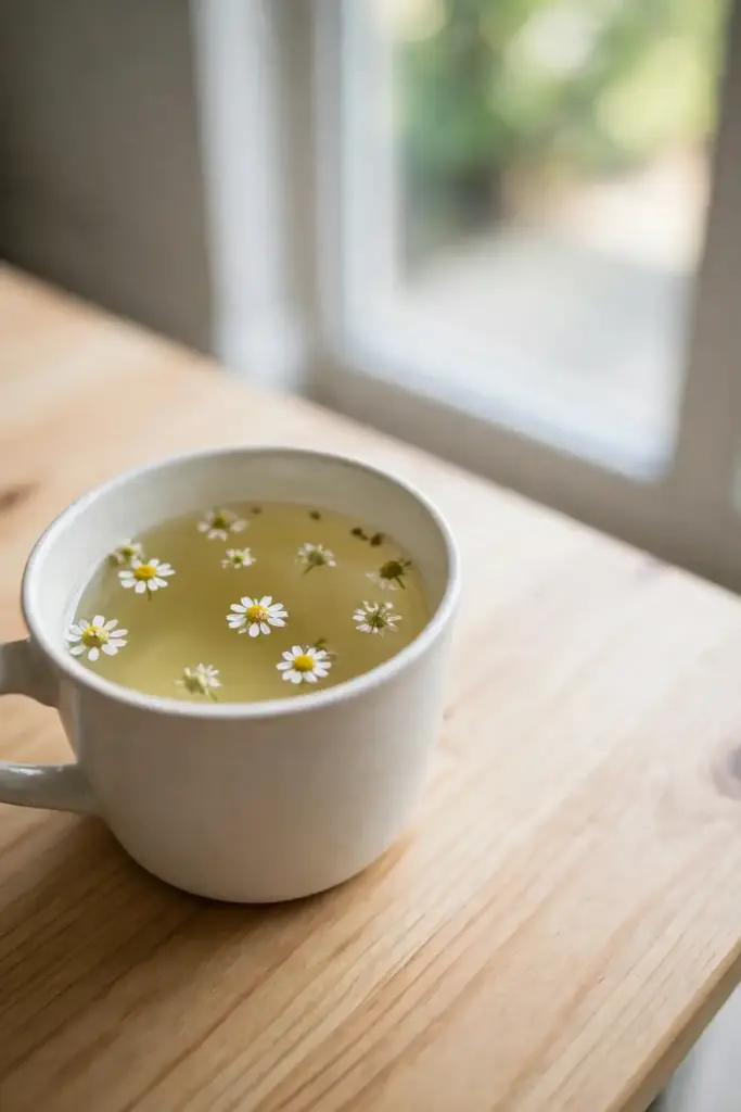 Mug of pale chamomile tea, a gentle alternative cup, by a window