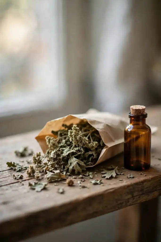 Amber bottle and packet of dried motherwort herb on a wooden apothecary shelf