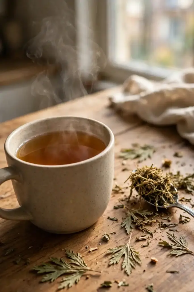 Ceramic mug of amber motherwort tea with steam on a kitchen table