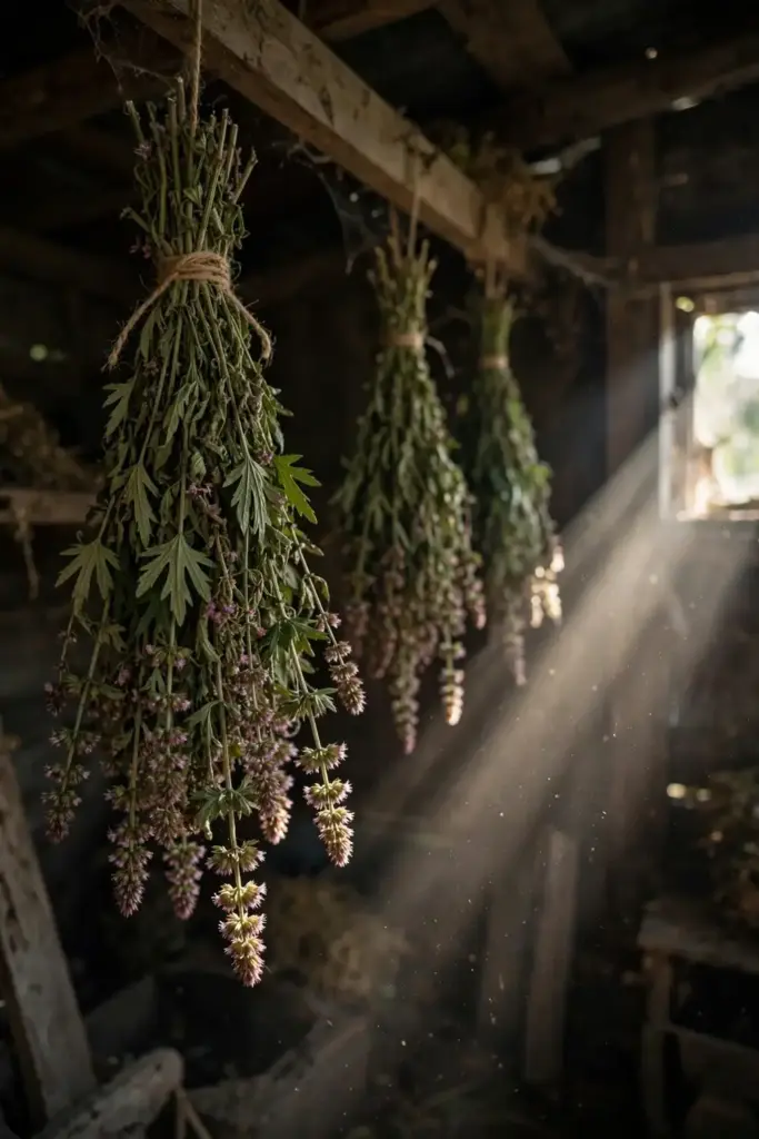 Bundles of motherwort stems hanging upside down to dry in an airy shed