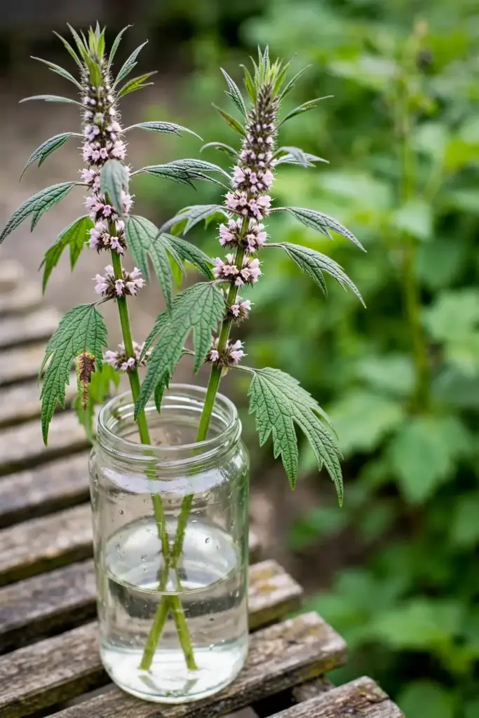 Close-up of motherwort flowering spikes with lobed leaves and pink-lilac blossoms