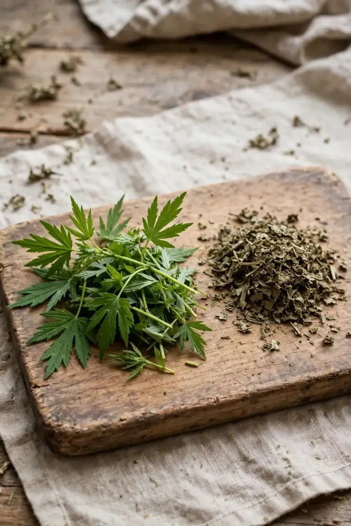 Fresh green motherwort sprigs beside crumbled dried motherwort on a board