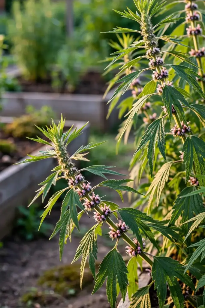 Healthy motherwort plants with pink flower whorls in a cottage garden bed