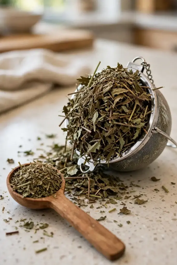 Overfilled tea infuser beside a proper teaspoon measure of dried herb