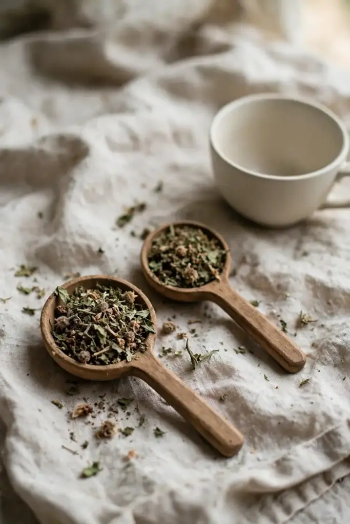 Wooden measuring spoons of dried motherwort beside an empty teacup