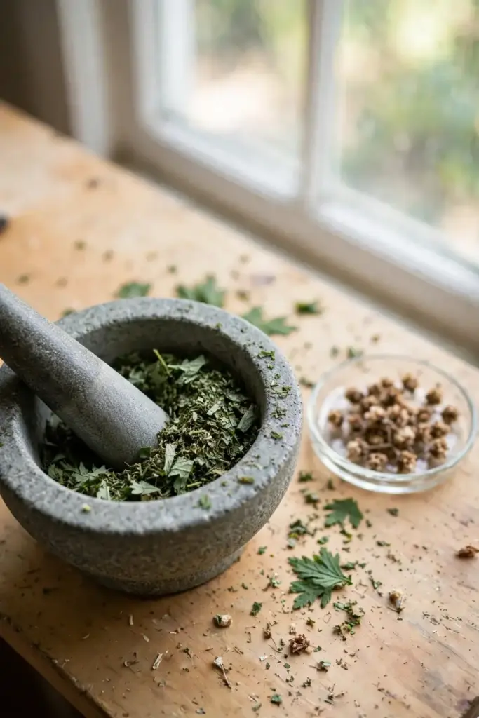 Mortar and pestle with crushed motherwort leaves on a bright bench