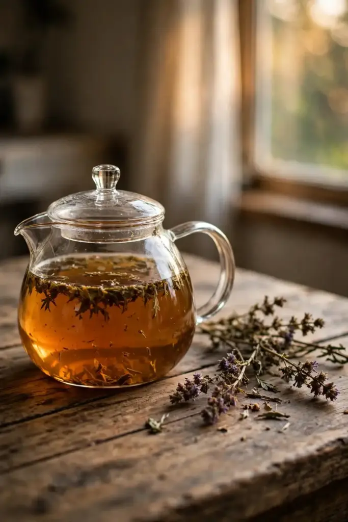 Glass teapot of amber motherwort tea with dried sprigs on a rustic table