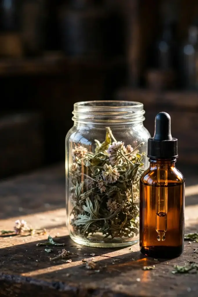 Amber tincture bottle beside a jar of dried motherwort flowers