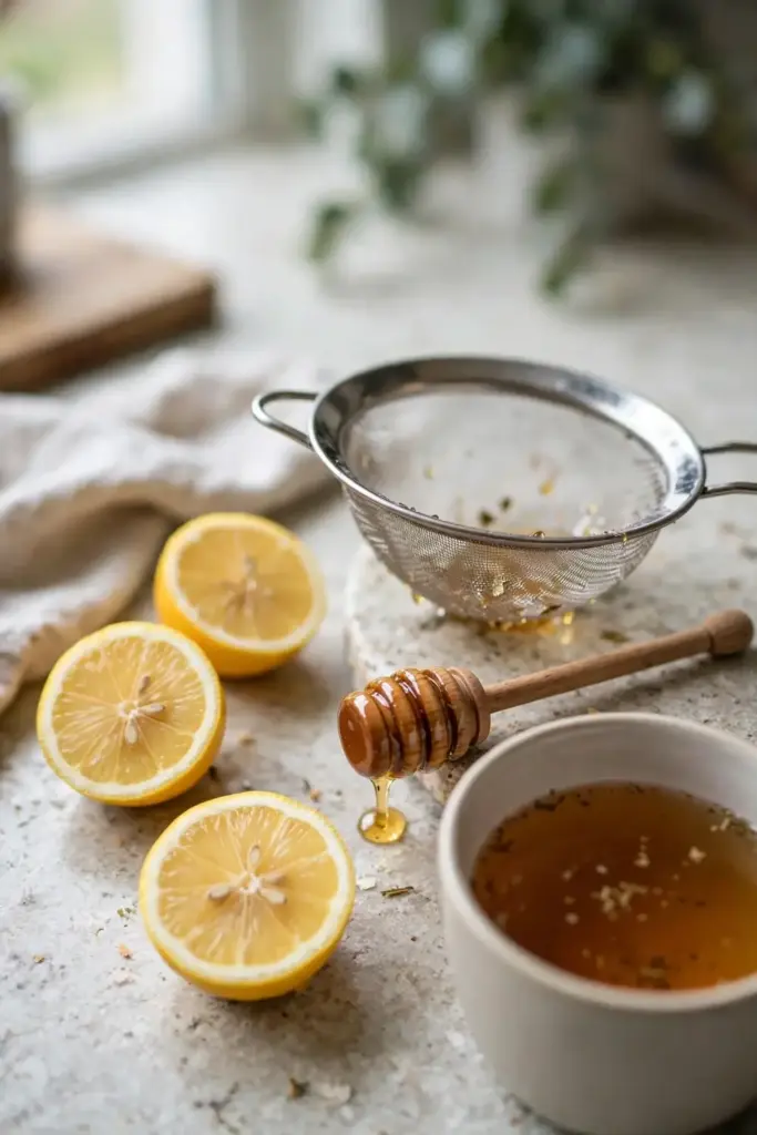 Mesh strainer, honey dipper, and lemon halves around a mug of tea